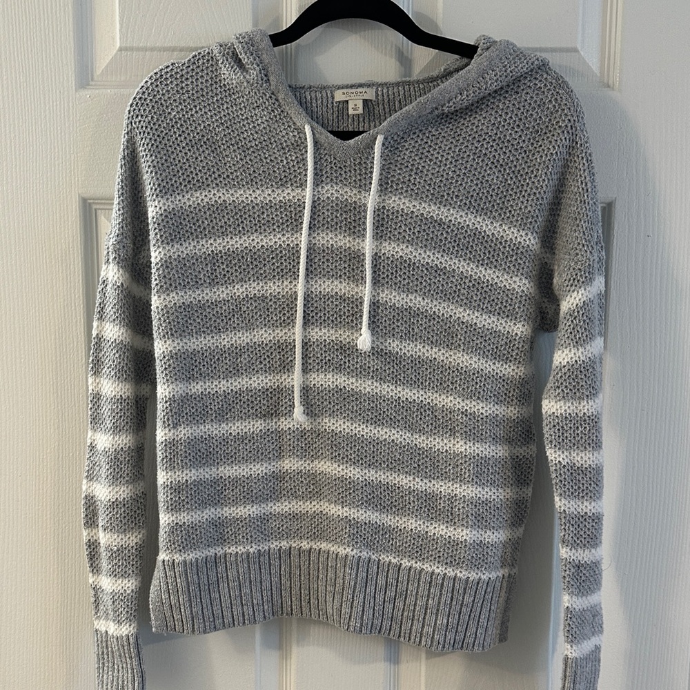Sonoma Gray and White Striped Women's Hoodie Sweater
